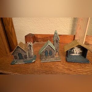 Vtg Christmas Putz Glittery Miniature Cardboard Church ornaments West Germany